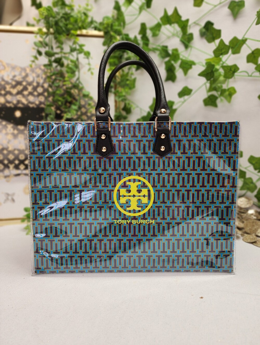 Authentic Tory Burch Retail Shopping Bag In PVC W/ Leather Handles